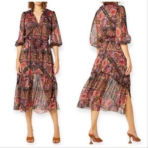 NWT MISA  Olivia Puff-Sleeve Floral Paisley Chiffon Midi Dress, Size M‎